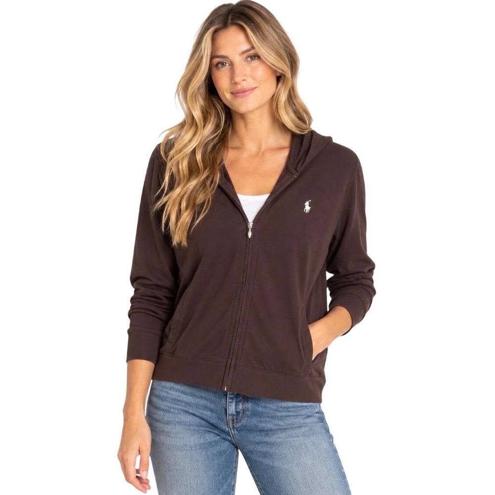 Ralph Lauren Women Brown Full Zip Hoodie XL Pony Logo Sweatshirt